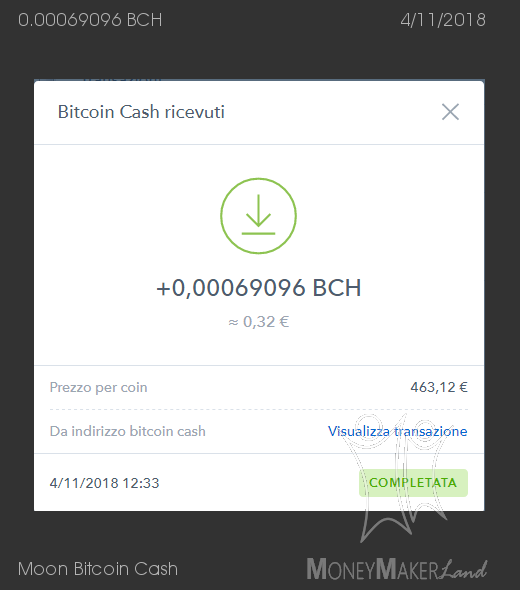 Pagamento 118 per Moon Bitcoin Cash