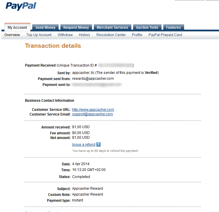 Payment 1 for Appcasher