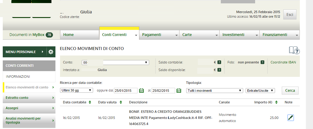 Pagamento 1 per Ladycashback