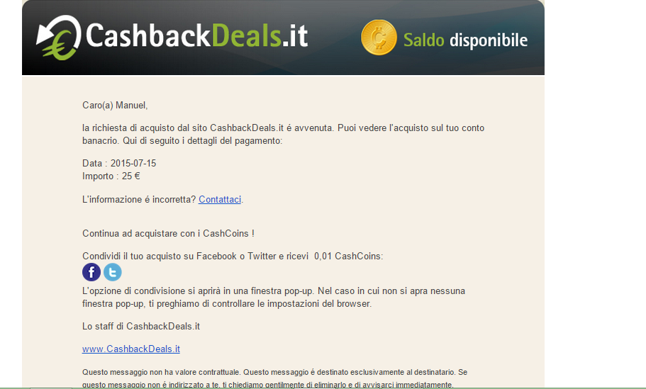 Pagamento 1 per Cashbackdeals