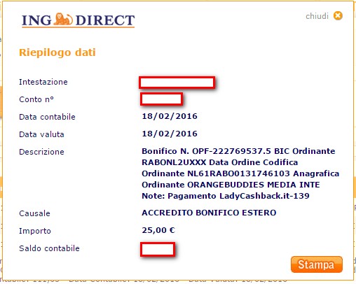 Pagamento 5 per Ladycashback