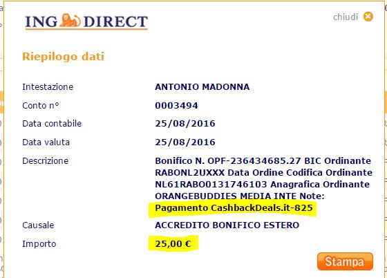 Pagamento 18 per Cashbackdeals